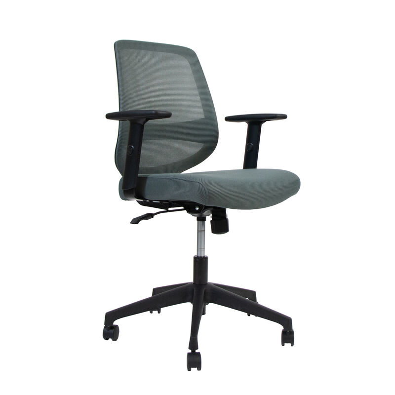 Sage grey mesh office chair on a white background, front three-quarter view showing adjustable armrests, mesh backrest, and black five-star caster base. image number null