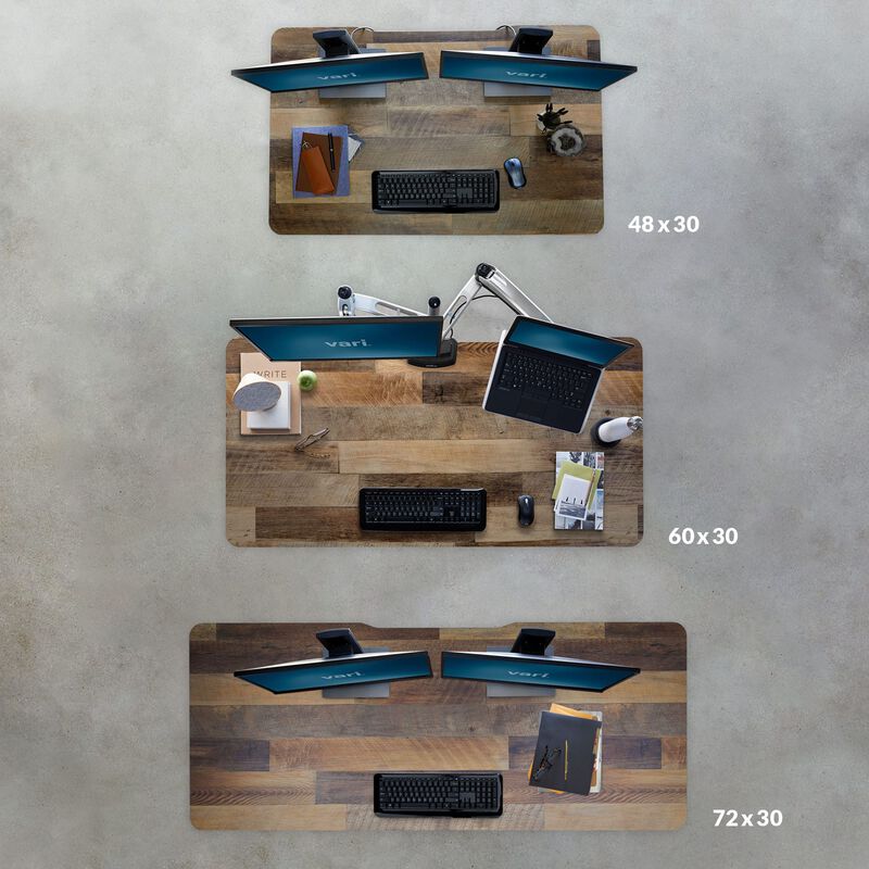 Overhead of view of the three electric standing desk sizes, forty-eight by thirty, sixty by thirty, and seventy-two by thirty. image number null
