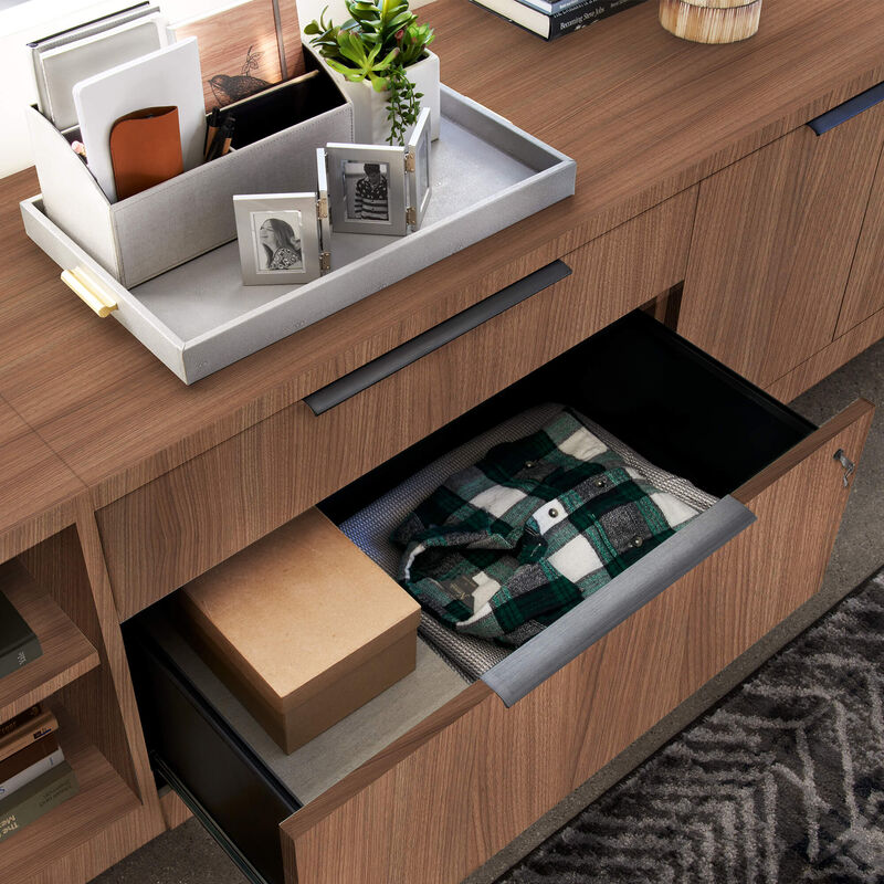 Executive lateral file cabinet shown with bottom drawer open image number null