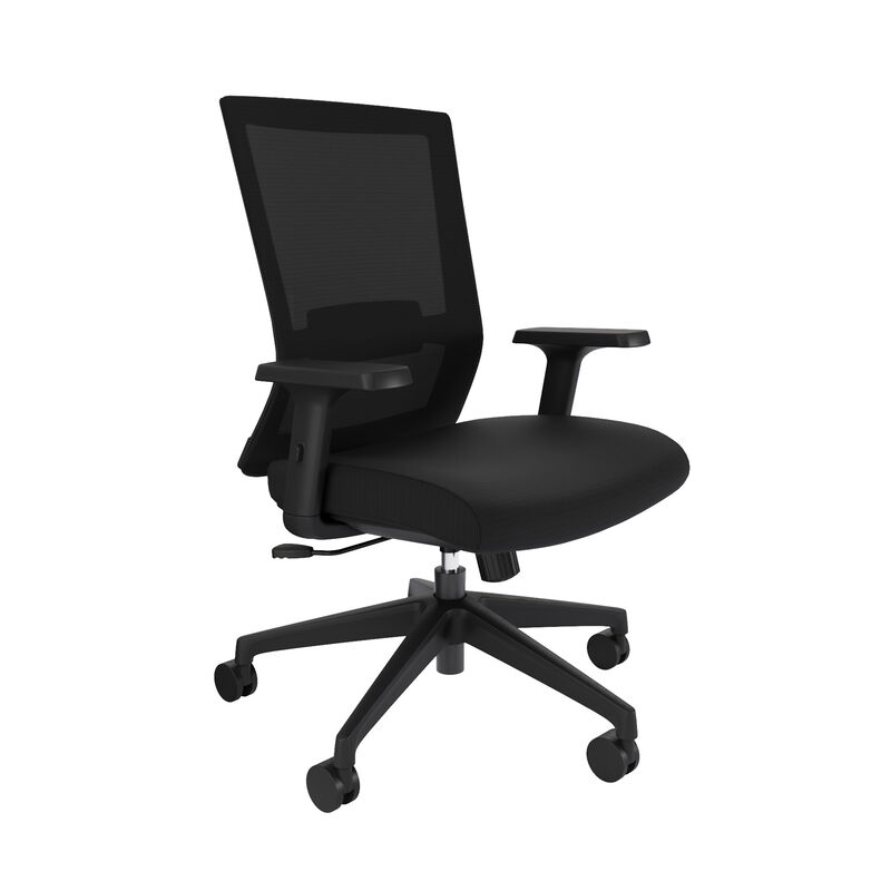 Three-quarter view of black Vari Essential Task Chair with mesh backrest and adjustable armrests on a white background. image number null