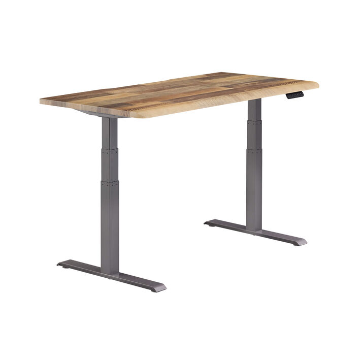 isolated image of a electric standing desk with a reclaimed wood finish top and slate legs image number 1