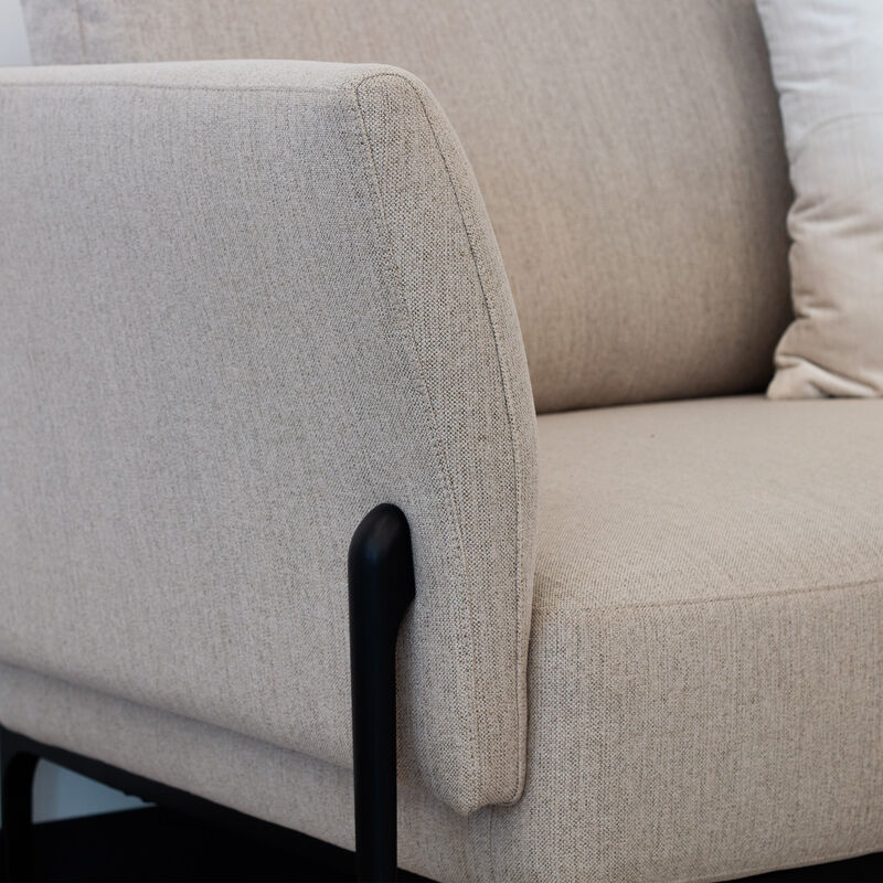 close up view of the contemporary three-seat sofa in pebble to show the polyester fabric image number null