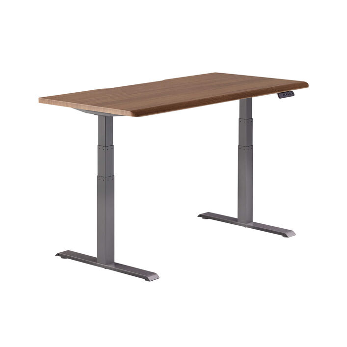 isolated image of a electric standing desk with a walnut finish top and slate legs image number 1
