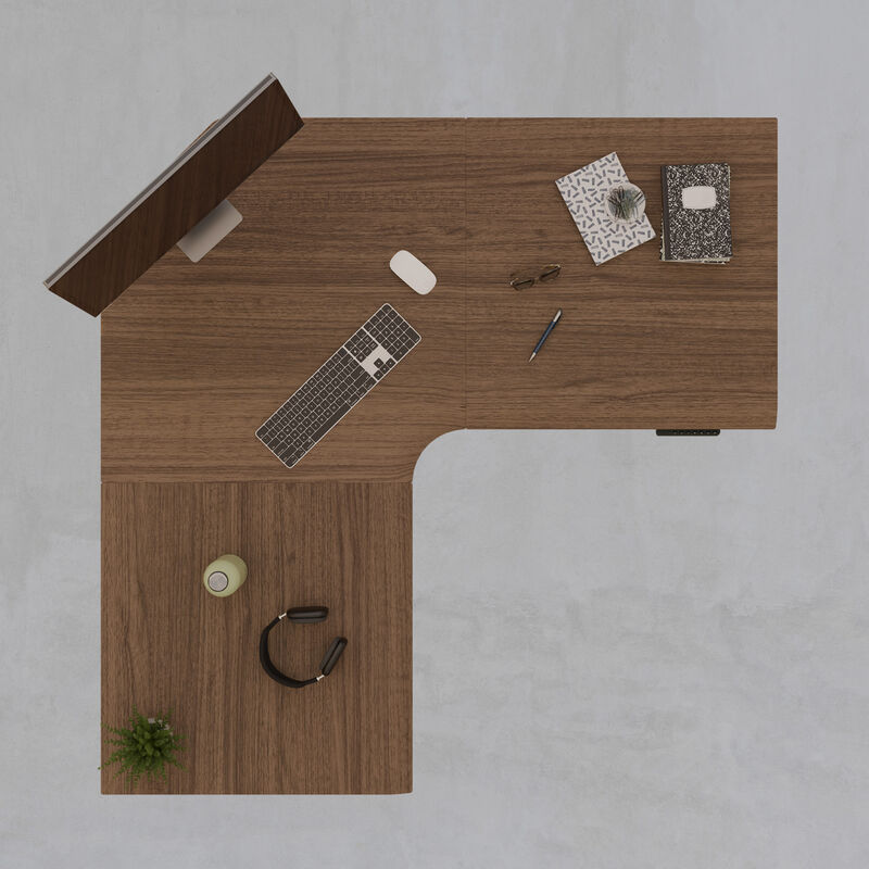 overview image of walnut finish l shape electric standing desk with a left return image number null