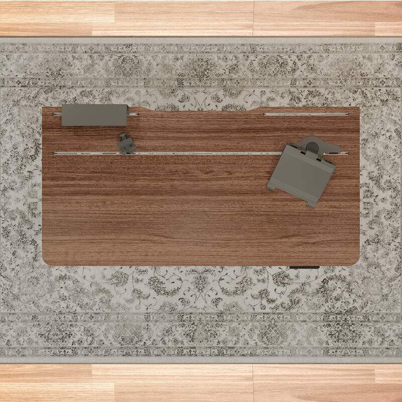TechTrack ESD Walnut desk corner fitted with a black TechTrack accessory shelf attachment image number null