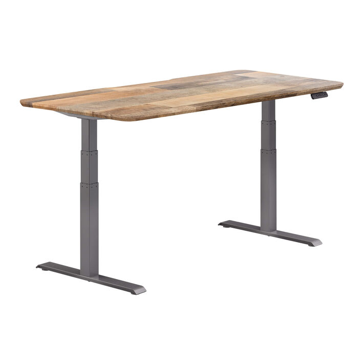 isolated image of a electric standing desk with a reclaimed wood finish top and slate legs image number 1