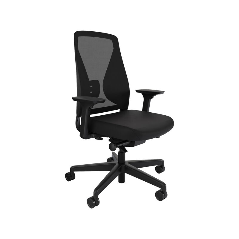 Black ergonomic office chair with mesh backrest and adjustable armrests, shown against a white background image number null