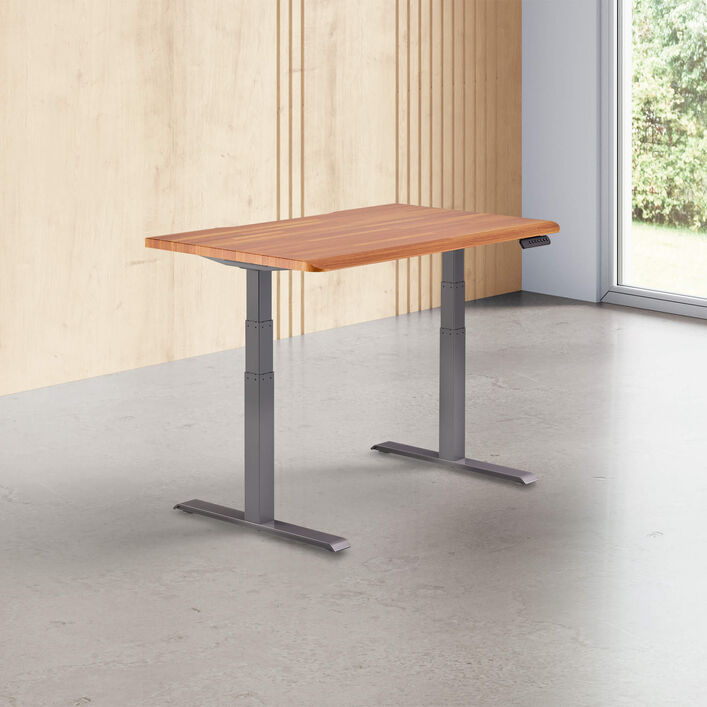 butcher block finish standing desk top with slate legs in a open office image number 0