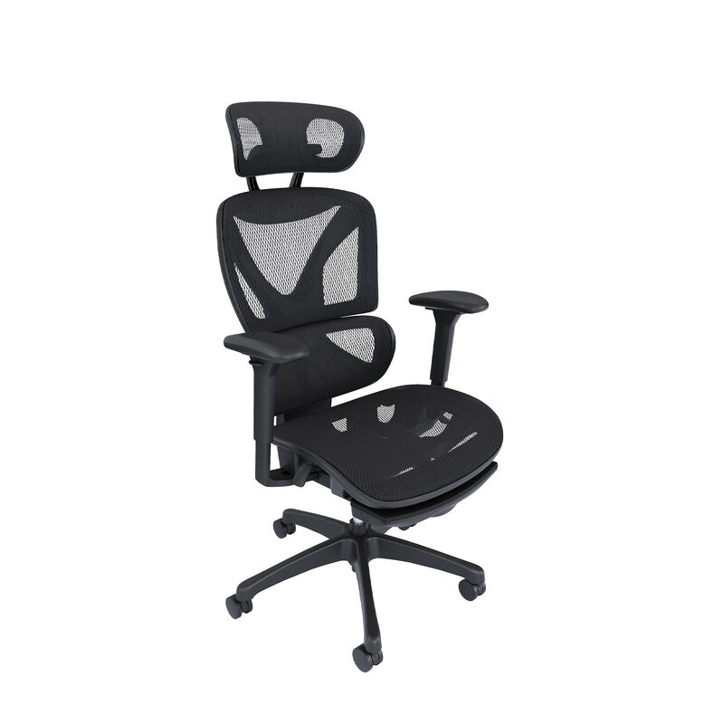 Three-quarter view of black mesh Vari ComfortFlex chair with headrest, adjustable armrests, and five-caster base on a white background. image number null
