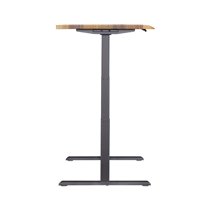 side view of an electric standing desk with a reclaimed wood finish top and slate legs image number 2