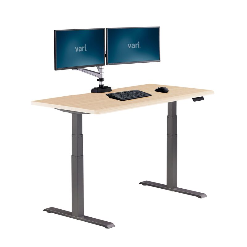 angle view of reclaimed wood finish electric standing desk with comfort edge 60x30 image number null