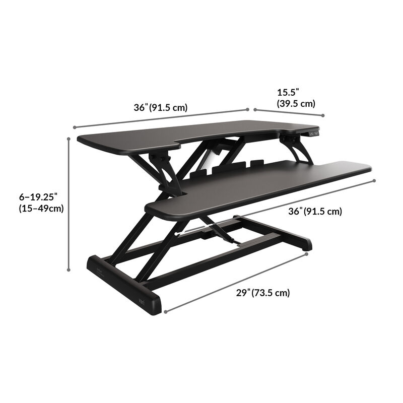 electric desk converter has a height of 6 to 19.25 inches and a width of 36 inches image number null