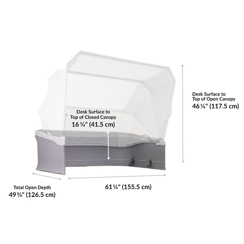 measurements of varifocus canopy opened desk surface of 16 1/4 inches, width of 61 1/4 inches, total open depth of 49 3/4 inches image number null