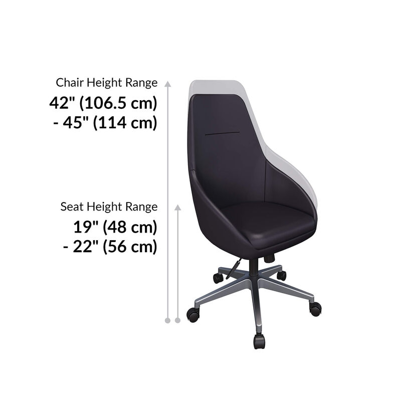 charcoal grey high  back chair height range varies from 42 to 45 inches. Seat height ranges from 19 to 22 inches image number null