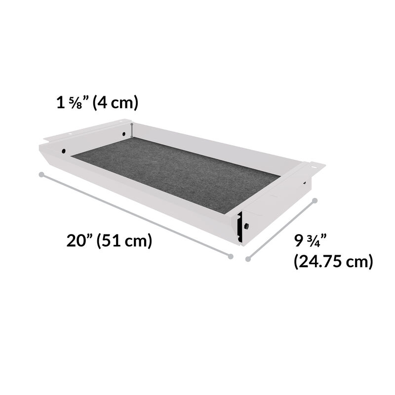white  rectangular desk drawer tray with dimensions labeled &mdash; 1 5/8 inches (4.1 cm) in height, 19 inches (48.25 cm) in width, and 9 3/4 inches (24.75 cm) in depth. image number null