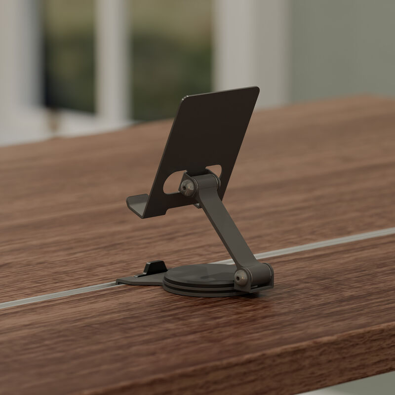back view of tech track phone stand attached to electric standing desk  image number null