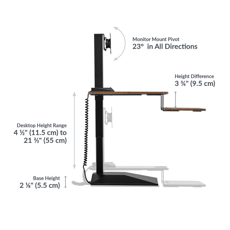 varidesk electric single monitor converter in walnut has a base height of 2.125 inches and a desktop height range of 4.5 inches to 21.33 inches with a 23 degree angle monitor mount in all directions image number null