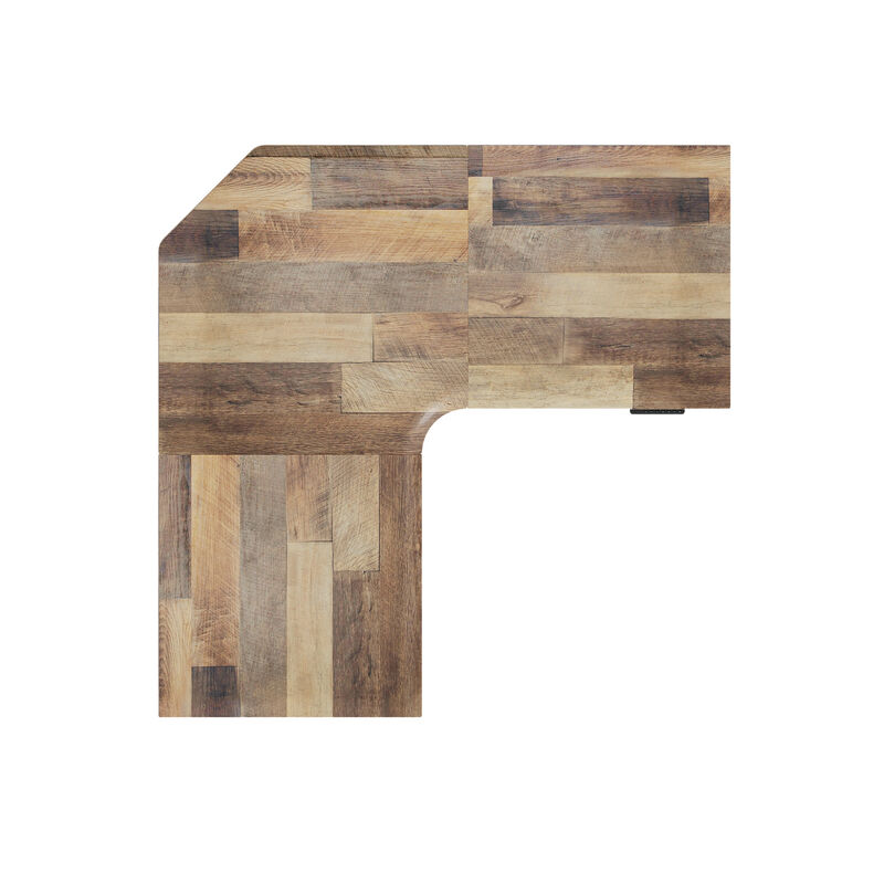 Top-down view of an L-shaped desktop in a reclaimed wood-look finish, isolated on a white background. image number null