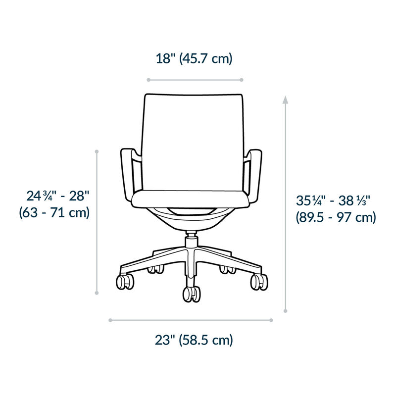 Line drawing of black Vari Studio Chair labeled with a top width of eighteen inches, a base width of twenty-three inches, a height range of thirty-five and a quarter to thirty-eight and one-third inches, and a depth of twenty-four and three-quarter to twenty-eight inches. image number null