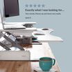Front view of the converter in a raised position on a desk with a five star review customer quote.