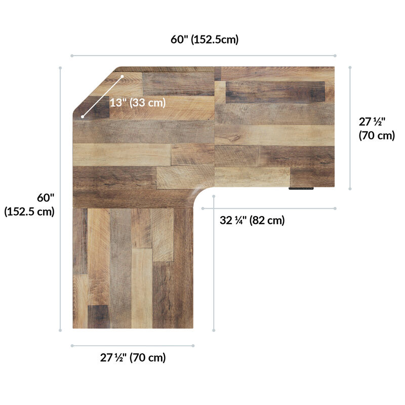 Top-down L-shaped desktop diagram showing sixty inches by sixty inches, arm depths of twenty-seven and one-half inches, inner opening of thirty-two and one-quarter inches, and a thirteen-inch corner cut. image number null