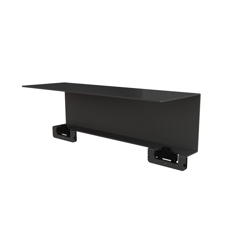 Black TechTrack accessory shelf attachment with two under-desk mounting clamps, shown on a white background. image number null