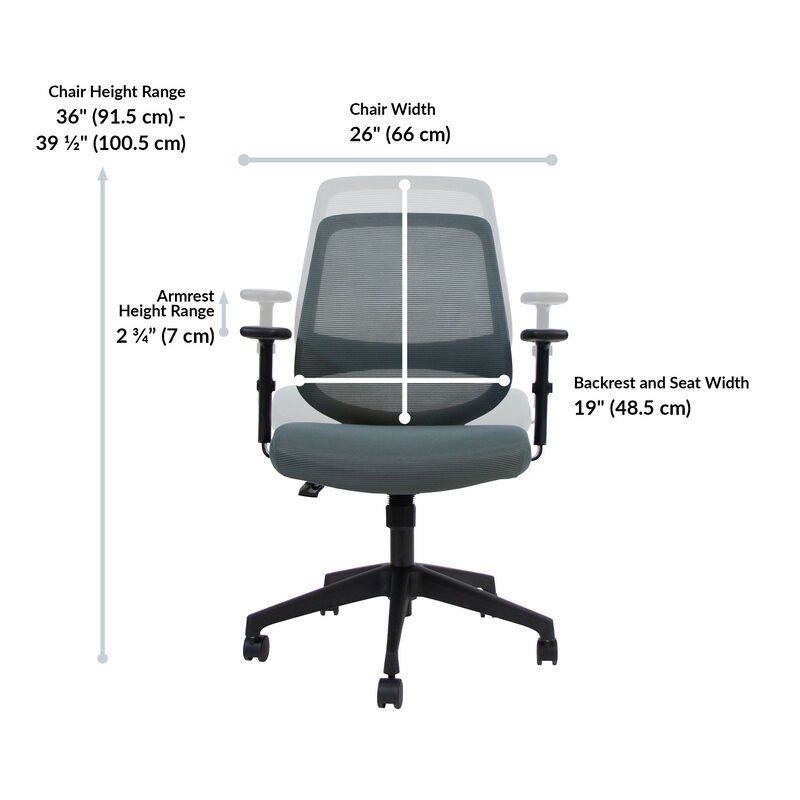 Front view diagram of the sage grey office chair showing a height range of thirty-six to thirty-nine and one-half inches, an armrest height range of two and three-quarter inches, chair width of twenty-six inches, and seat width of nineteen inches. image number null