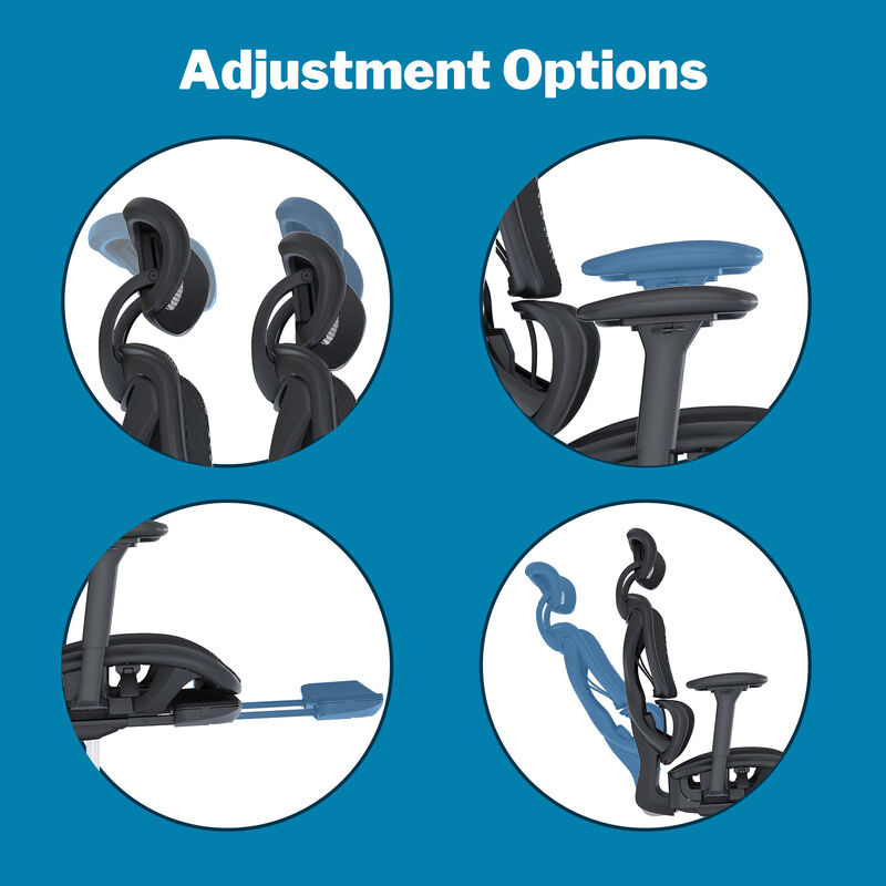 Four close-up circular insets labeled Adjustment Options showing the Vari ComfortFlex chair's headrest, armrest, footrest, and reclining backrest mechanisms. image number null