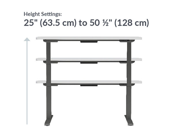 The base of the Electric Standing Desk ComfortEdge&trade; 60x30 White and Slate Legs goes from 25 inches to 50.5 inches tall