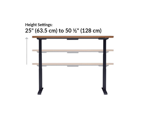 The base of the Electric Standing Desk with ComfortEdge&trade;  72x30 walnut with black legs goes from 25 inches to 50.5 inches tall