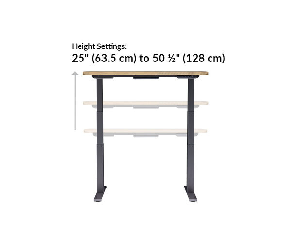 The base of the Electric Standing Desk with ComfortEdge 48x30 Reclaimed Wood goes from 25 inches to 50.5 inches tall