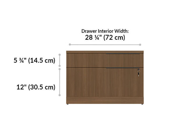 executive lateral file cabinet drawer width is 28 and a quarter inches. Top drawer is 5 and 3 quarter inches tall and bottom drawer is 12 inches tall. 