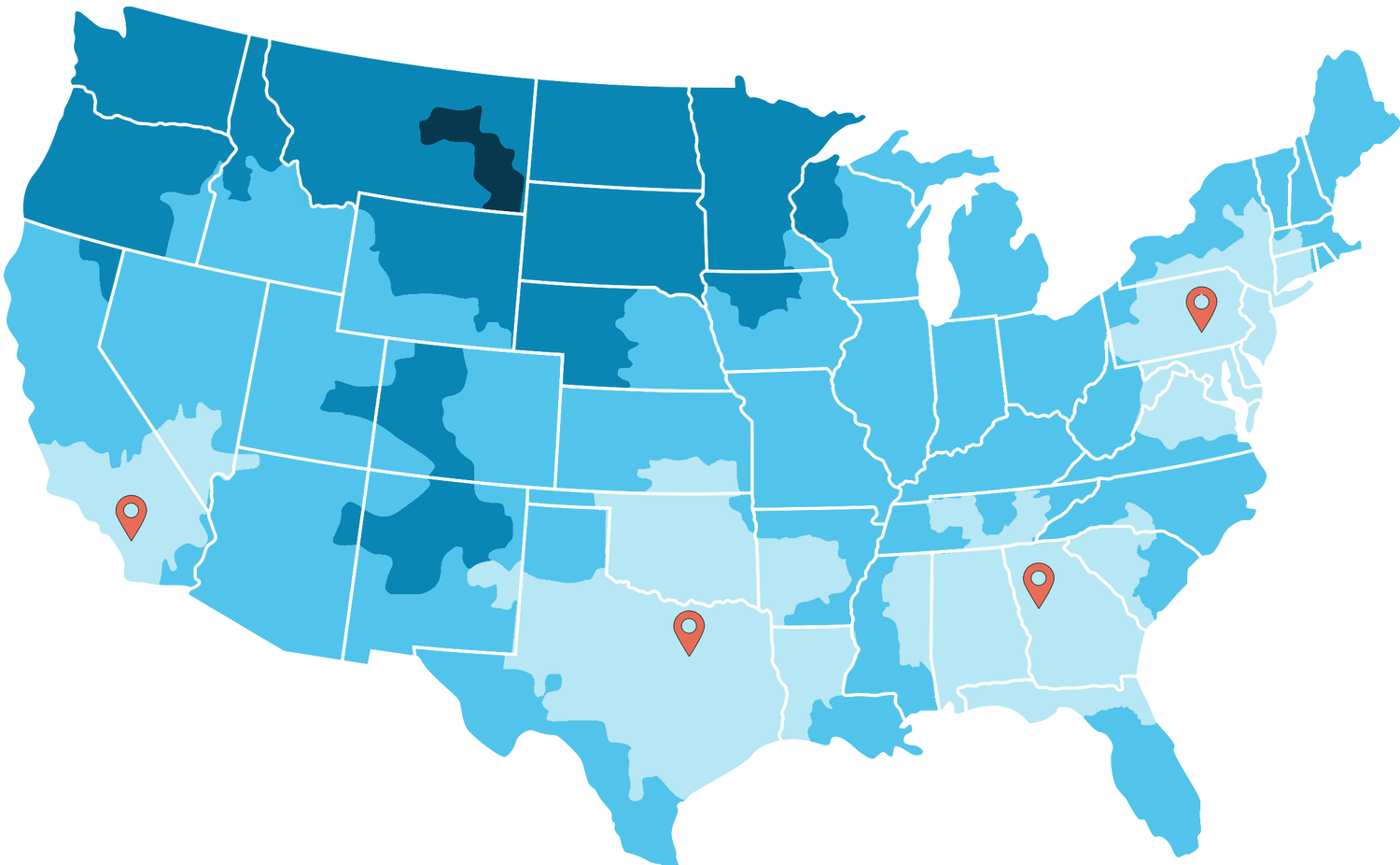 map showing the contiguous US with four distribution locations in southern calfornia, northern texas, Georgia, and pennsylvania. Areas nearest to these distribution locations can expect transit time of 1-2 days for shipping. Areas farthest from the distribution locations can expect transit times of 4-5 days for shipping. The map is a general representation of transit times. Deliveries may be delayed by unplanned events including weather and inventory availability. To inquire about expected delivery transit times for your order, please call us at 1-800-207-2587.