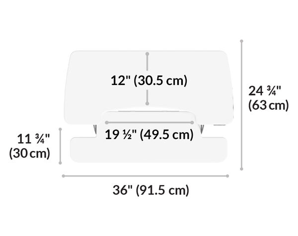 White desk converter top-view diagram showing width thirty-six inches, depth twenty-four and three-quarters inches, keyboard tray width nineteen and one-half inches, keyboard tray depth eleven and three-quarters inches, and cutout width twelve inches.