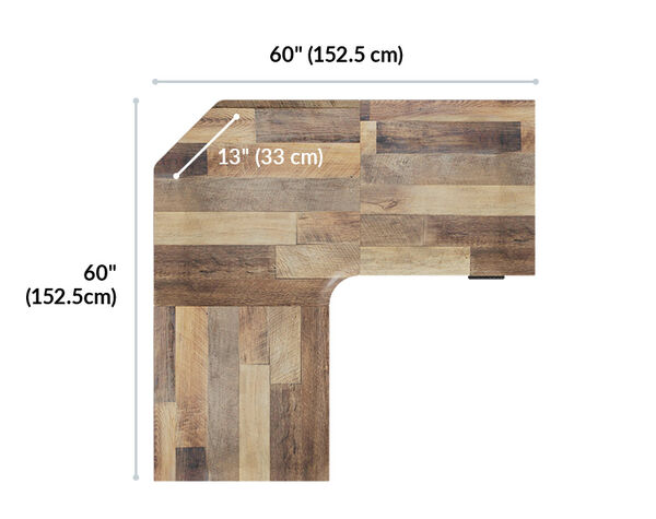 Top-down L-shaped desktop diagram showing sixty inches by sixty inches with a thirteen-inch corner cut, in a reclaimed wood-look finish.