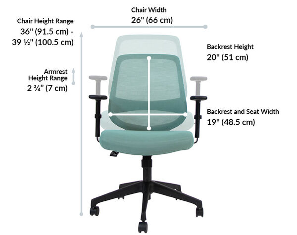 Office chair front view with dimensions: width twenty-six inches; height range thirty-six to thirty-nine and a half inches; armrest height range two and three-quarter inches; backrest height twenty inches; backrest and seat width nineteen inches.