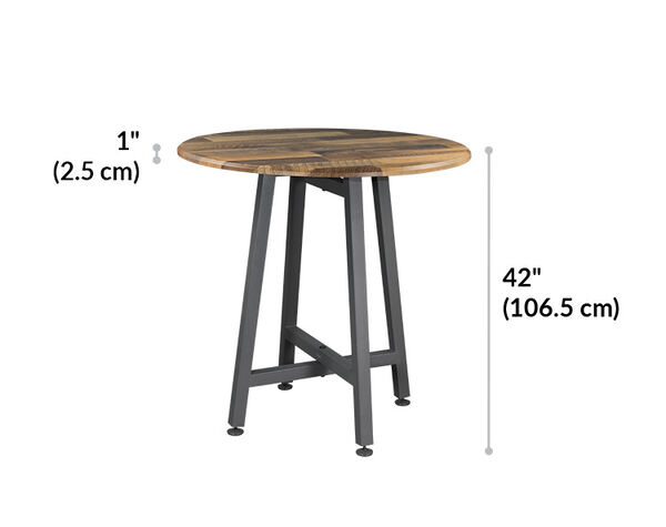 standing round table is forty two inches tall and the tabletop is one inch thick