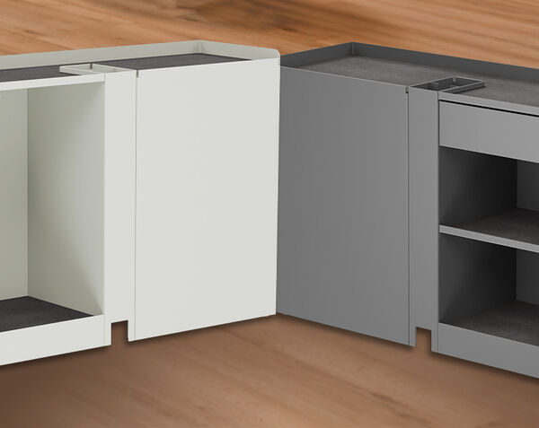 close up of storage compartment in dove grey and slate finishes 