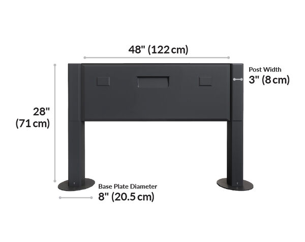 power beam 48 is 48 inches wide, 28 inches tall, and 3 inches deep, with a base plate diameter of 8 inches.