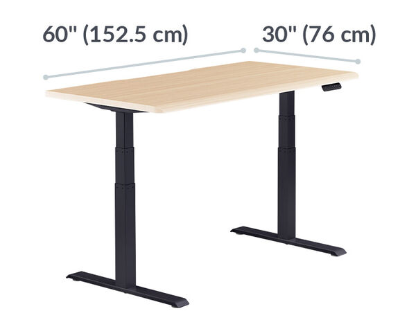 Electric Standing Desk with ComfortEdge&trade; 60x30 light wood with black legs is 72 inches wide and 30 inches deep