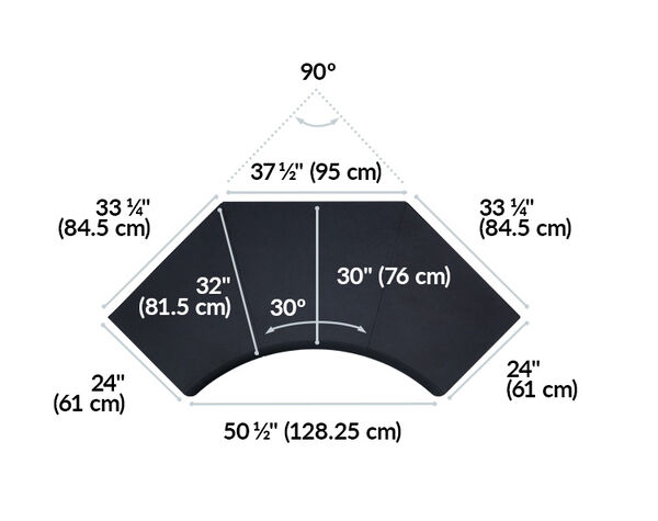 op-down diagram of a corner desk showing dimensions: 50 &frac12;" wide, 30" deep, with angled sides measuring 37 &frac12;" and 33 &frac14;"; metric conversions included for all measurements.