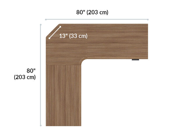 L-Shape Electric Standing Desk in walnut is 80 inches wide and 80 inches deep