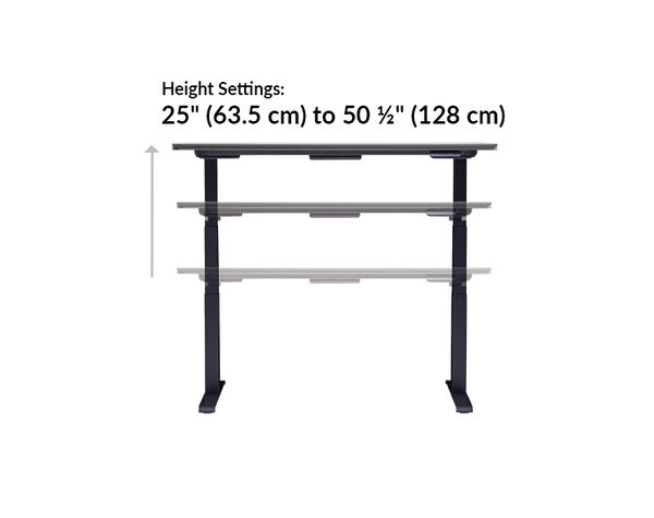 The base of the Electric Standing Desk with ComfortEdge&trade;  60x30  black top with black legst goes from 25 inches to 50.5 inches tall