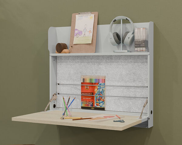 Hide-Away desk in light wood with accessories while open