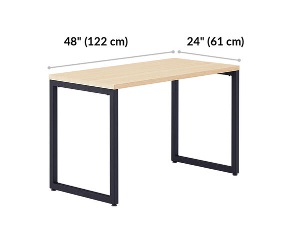 light wood top finish with black legs forty eight inches by twenty four inches