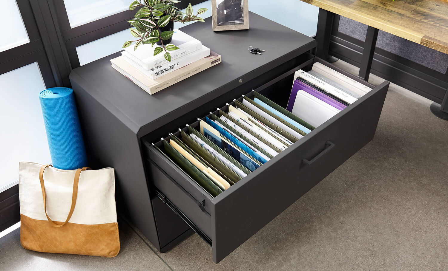 vari lateral file cabinet with drawer open