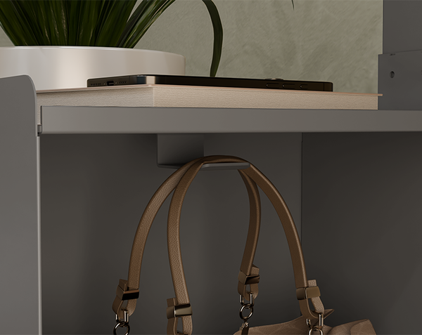 close up of built in hook holding a bag