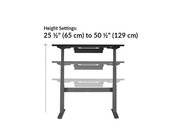 vari electric standing desk 48x30 height settings range from 25 and half inches to 5 and a half inches 