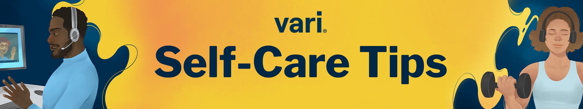 self care tips banner with illustrations of someone working out and another person working at a computer