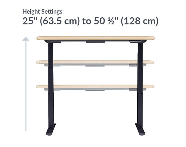 The base of the Electric Standing Desk with ComfortEdge&trade;  72x30 light wood with black legs is goes from 25 inches to 50.5 inches tall